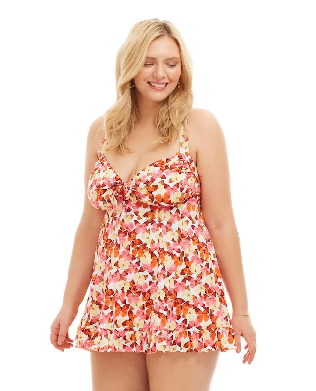 Always For Me by Fit 4U Pink Plus Size Two Piece Flutter Swimdress Set Playful Pattern Swimsuit