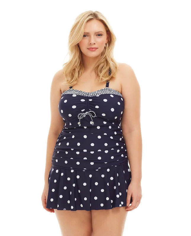 Always For Me Navy and White Dots Plus Size Daphne Bandeau Strapless Tie Front Shirred Swimdress Adjustable Swim Top