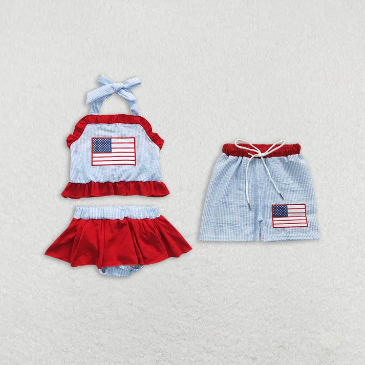 Baby Girls boys small flag print red and blue boys and girls swimsuit set Family siblings set Soft Beachwear Set Baby Girls boys small flag print red and blue boys and girls swimsuit set Family siblings set Soft Beachwear Set