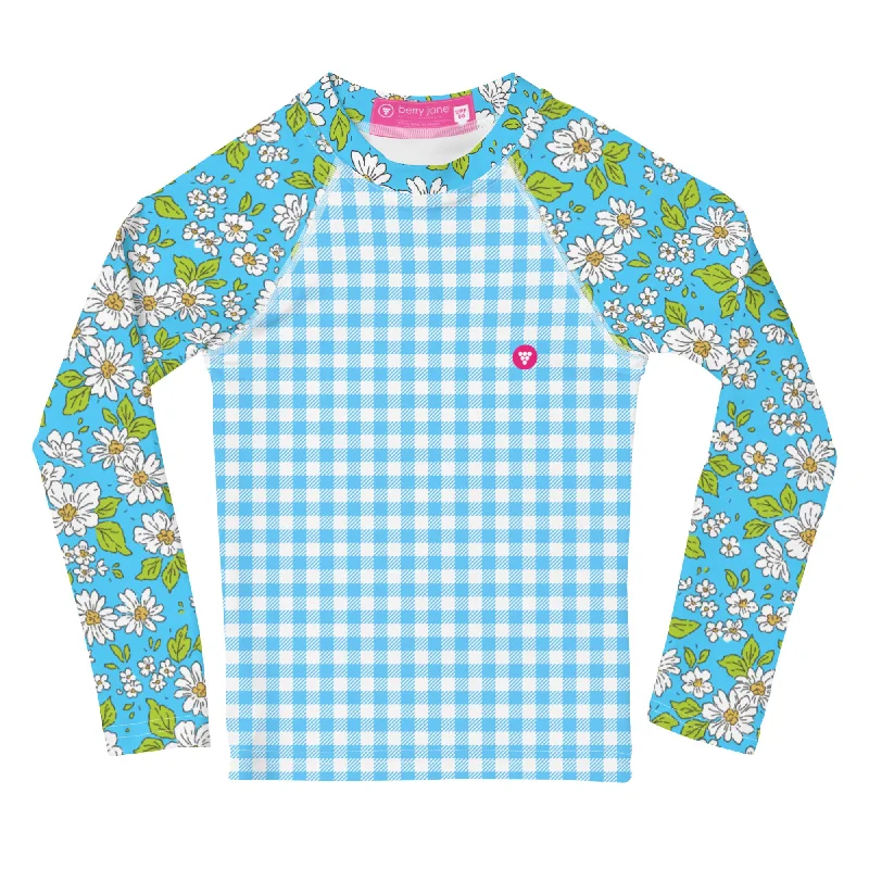 Baby Toddler UPF 50 Swim Shirt Rash Guard - Blue Gingham Floral Color-Block Bikini