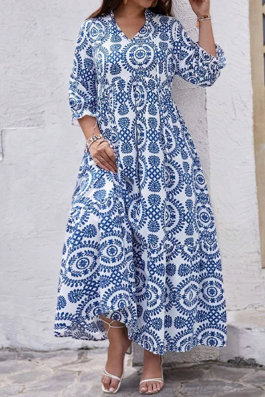 Blue Zone Planet |  Sky Blue Geometric Print Lace-up Notch Neck Plus Size Maxi Dress Stylish One-Shoulder Maxi Dress