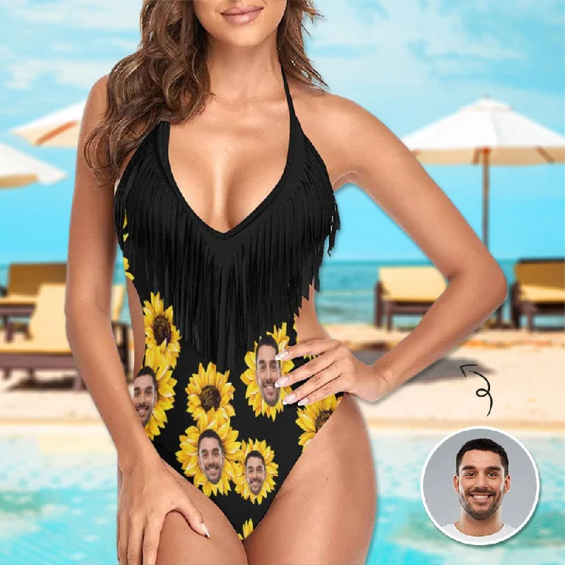 Custom Face Sunflower Black One Piece Fringe Swimsuit Personalized Women's Bathing Suit Monokini Swimsuit Design