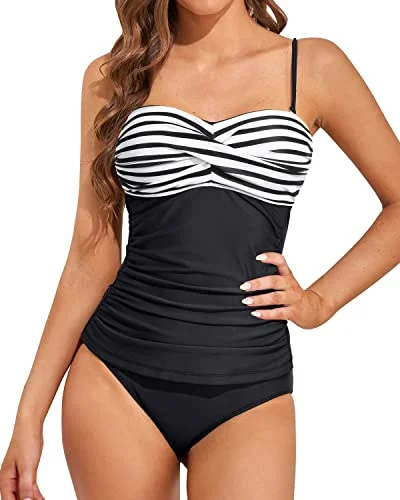 Fashionable Bandeau Tankini Sets For Beach Vacations-Black And White Stripe Stylish Swimsuit Set