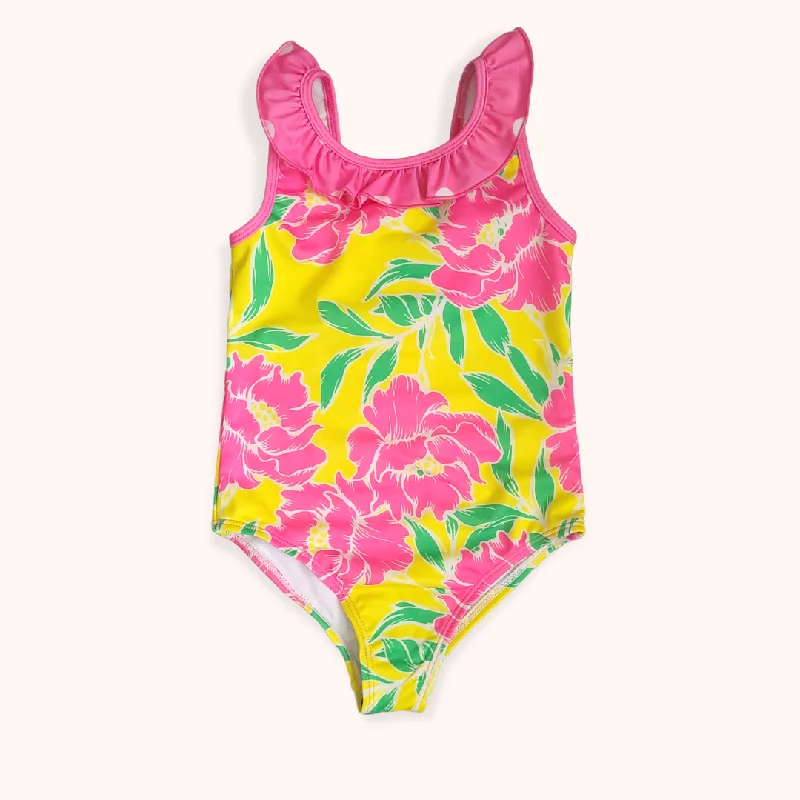 Girls 1-Pc. Ruffle Trim Swimsuit, Pink Peonies Tropical Print One-Piece