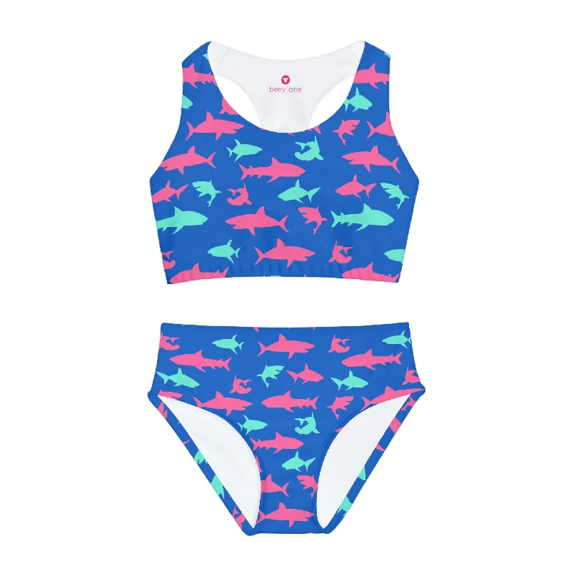 Girls Two Piece Swimsuit, Electric Blue Sharks Chic Swimsuit Cover-Up