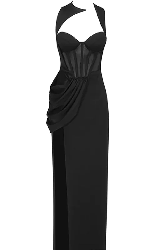 Give Me More <br><span>Black Sleeveless Sheer Mesh Bustier Sweetheart Neck Draped Hip Side Slit Maxi Dress</span> Stylish Off-Shoulder Maxi Dress