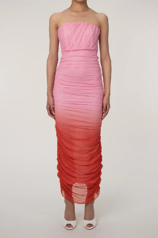 Gradient Strapless Mesh Ruched Bodycon Corset Evening Maxi Dress - Pink Comfortable Flowy Maxi Dress