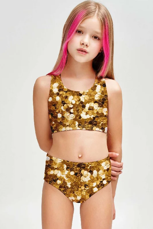 Haute Gold Claire Glitter Two-Piece Swimsuit Sporty Swim Set - Girls Bold Swimsuit Design