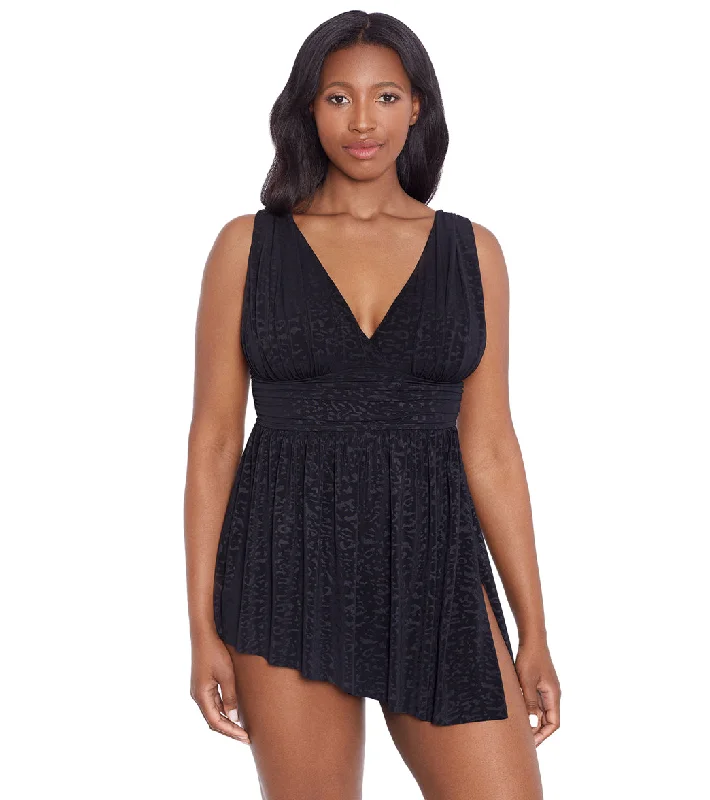 Longitude Women's Boss Lady Goddess Flyaway Swim Dress Black Tie-Back Swimwear