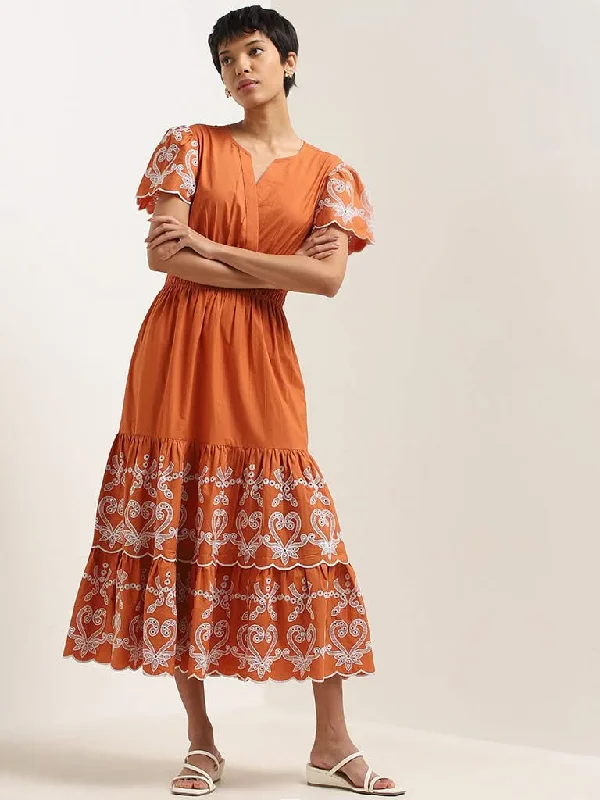 LOV Rust Smocked Waisted Cotton Tiered Maxi Dress Stylish Pleated A-Line Maxi Dress