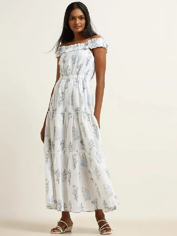 LOV White Cotton Blend Off-Shoulder Maxi Dress Cozy Longline Maxi Dress