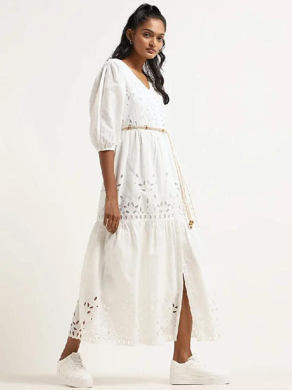 LOV White Cotton Schiffli Maxi Dress Elegant Maxi Dress with Drapes