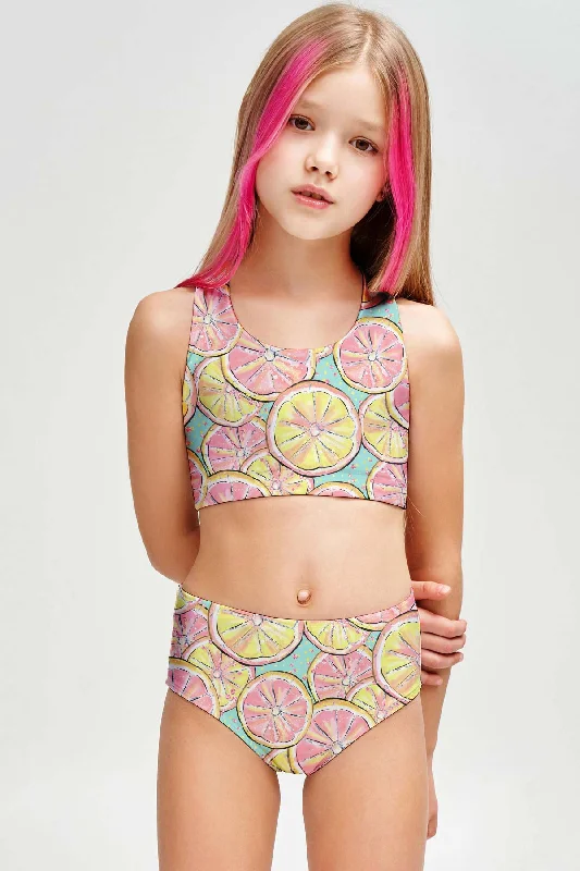 Marmalade Claire Lemon Print Two-Piece Swimsuit Sporty Swim Set - Girls Soft Beachwear Set