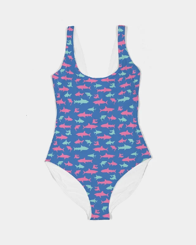 Women's One-Piece Swimsuit, Blue Sharks Print Stylish Beachwear Set