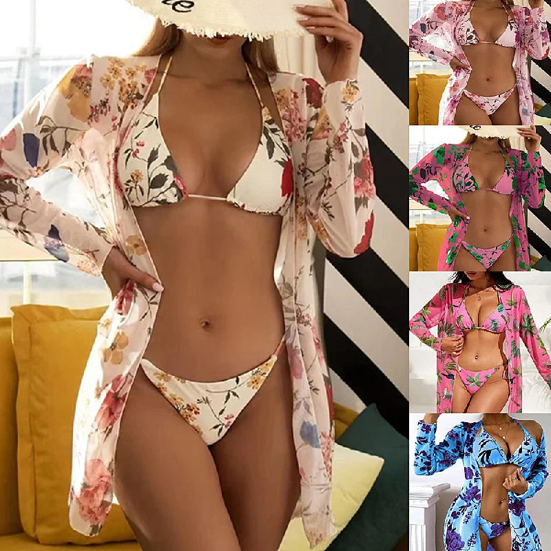 New Swimsuit Women's Printed Mesh Three-piece Blouse Shiny One-Piece Swimsuit