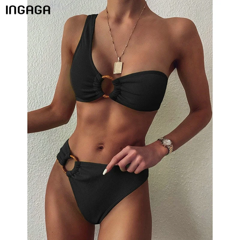 One Shoulder Bikinis Swimsuits High Waist Swimwear Women 2020 Black Bathing Suits Ring Beachwear Ruched Swimwear Set