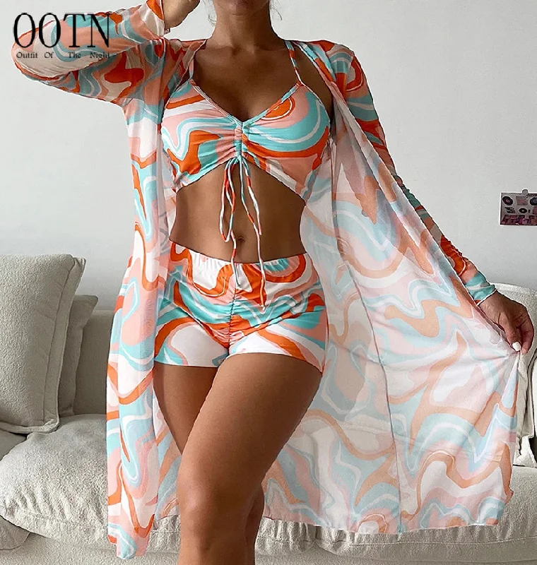 OOTN 2023 Summer Push Up Beach Bathing Suit Tropical High Waist Bikini three piece swim set Sexy Long Sleeve Cover Up Swimsuit Bold Swimsuit Design