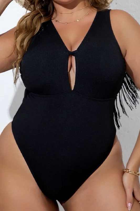 Plus Size Fringe Trim Open Back One-Piece Swimsuit Elegant Swim Dress