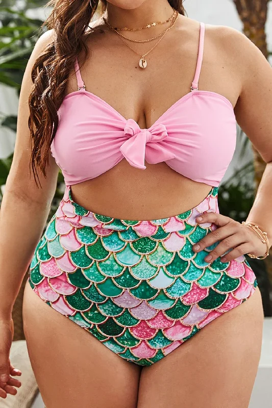 Plus Size Scale Print Cutout Spaghetti Strap One-Piece Swimsuit Full Coverage Swimsuit