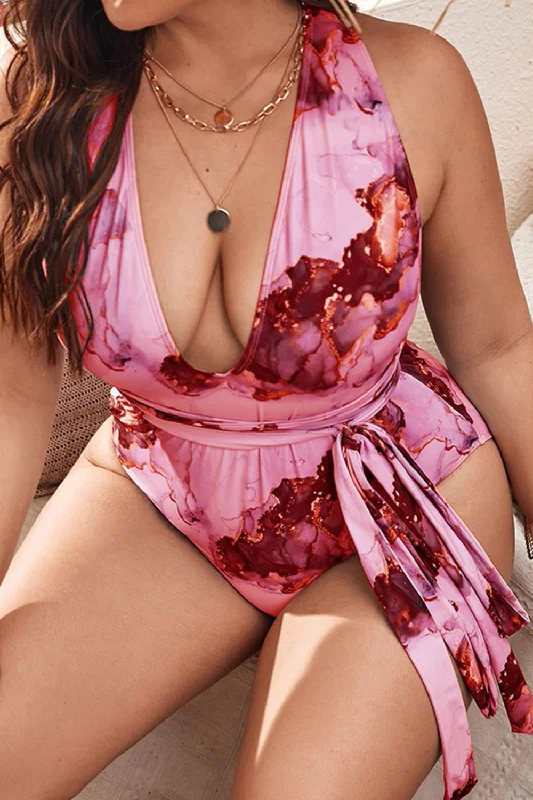 Plus Size Tie-Dye Crisscross Back Tie Waist One-Piece Swimsuit Tie-Back Swimwear