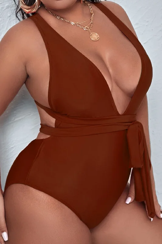 Plus Size Tie Waist Deep V Crisscross Back One-Piece Swimsuit Halter Neck Swimsuit