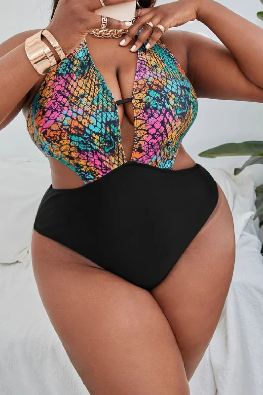 Plus Size Two-Tone Halter Neck Cutout One-Piece Swimsuit Quick-Dry Tankini