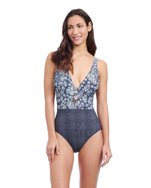 Profile By Gottex Flores Deep V Halter One Piece Swimsuit Chic Beach Cover-Up