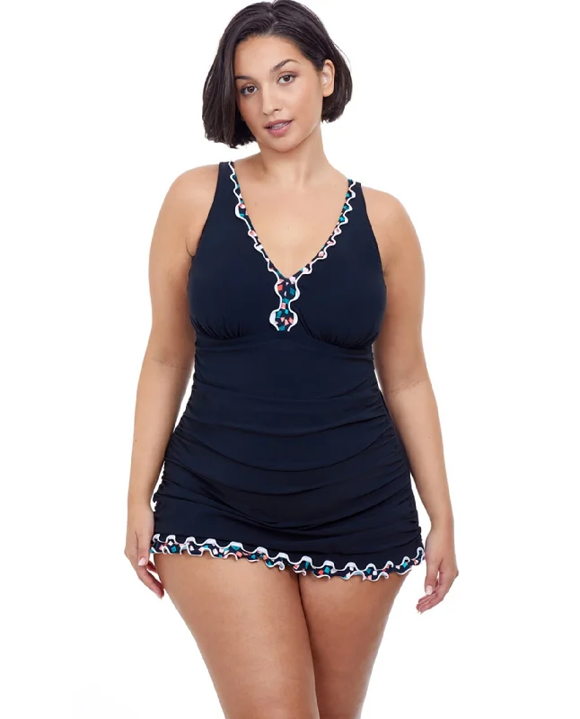 Profile By Gottex Gin Fizz Black Plus Size V-Neck Swimdress Bold Swimsuit Design