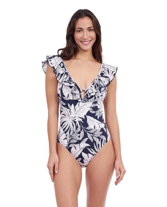 Profile By Gottex Malaya Ruffle V-Neck Deep Plunge One Piece Swimsuit Beach Ready Swimsuit