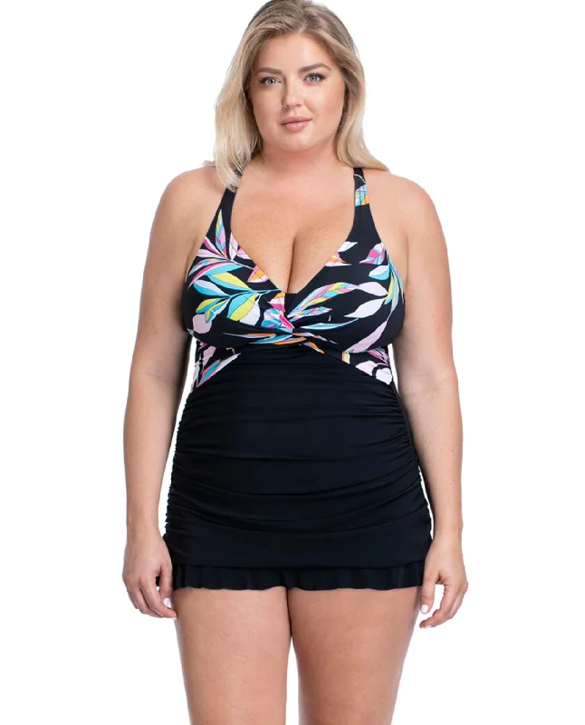 Profile By Gottex Paparazzi Black Plus Size Halter Cross Back Underwire Swimdress Tropical Print One-Piece