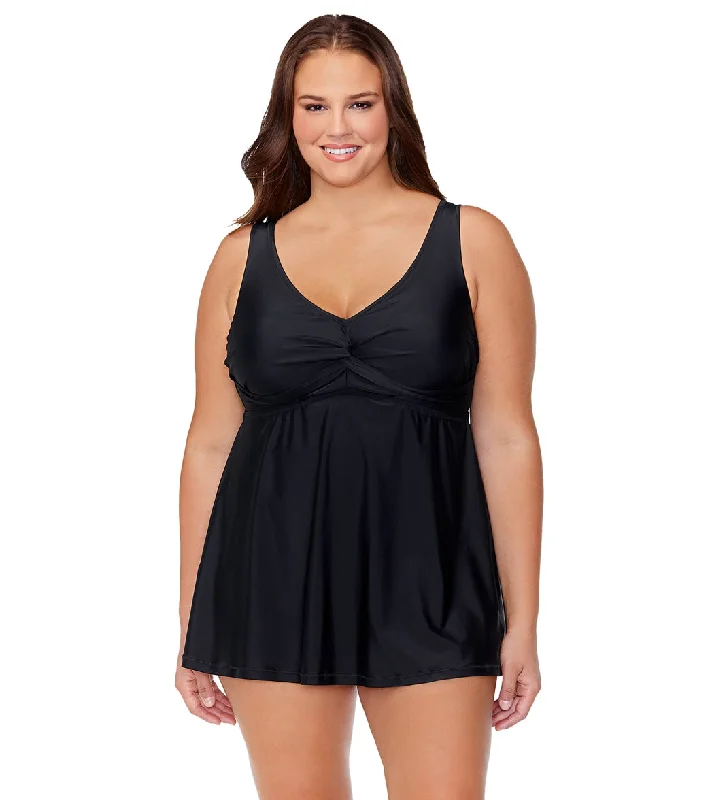 Raisins Women's Tranquilo Solid Lucia Plus Size Swim Dress Black Retro Swimwear Style