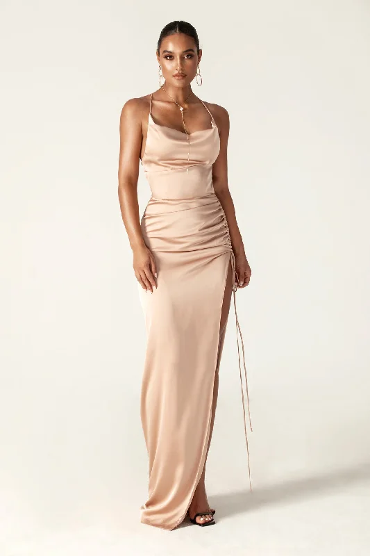 Reva Cowl Neckline Sheath Backless Maxi Dress (Coral) Comfortable Ruffle Maxi Dress