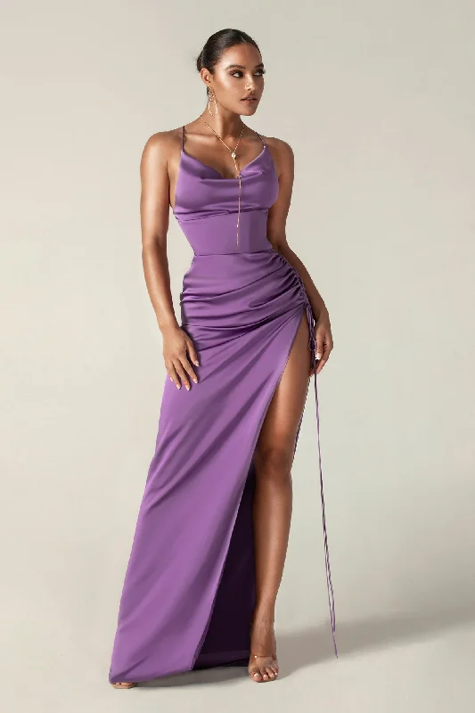 Reva Cowl Neckline Sheath Backless Maxi Dress (Purple) Comfortable T-Shirt Maxi Dress