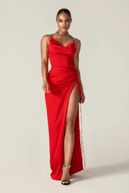 Reva Cowl Neckline Sheath Backless Maxi Dress (Red) Comfortable Flowy Maxi Dress