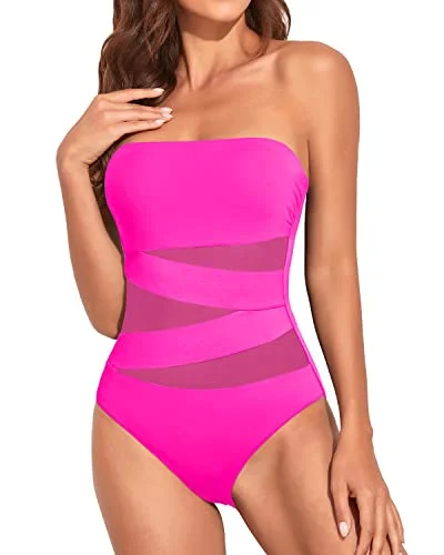 Ruched Tummy Control One Piece Swimsuits Strapless Bandeau Bathing Suits-Neon Pink Button-Front Swimsuit