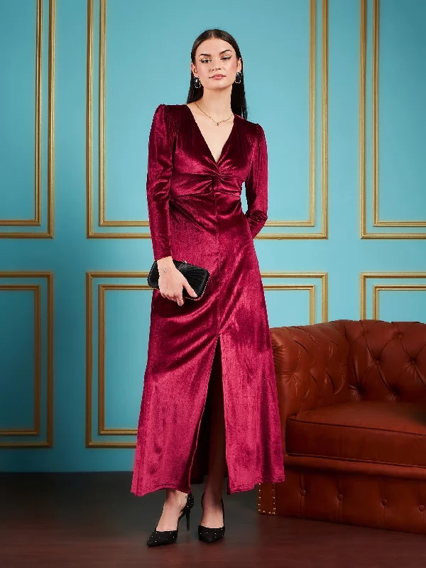 Women Maroon Velvet Front Twisted Maxi Dress Fashionable Printed Maxi Dress