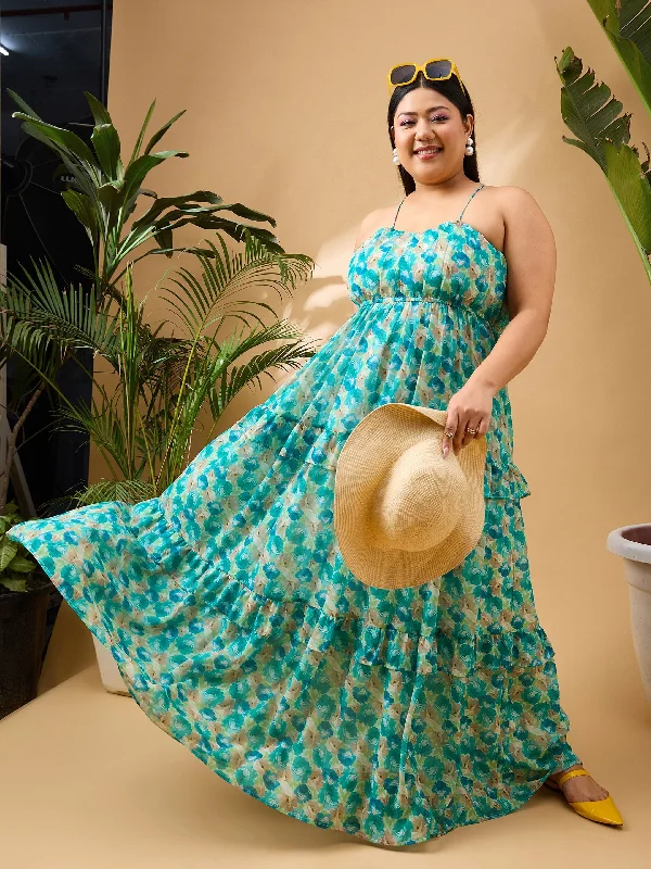 Women Green Floral Strappy Maxi Dress Cozy Knit Maxi Dress