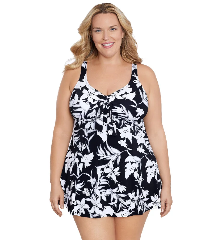 Shape Solver By Penbrooke Women's Plus  Night Shade Bow Front Swim Dress BlackWhite Chic Swimsuit Cover-Up