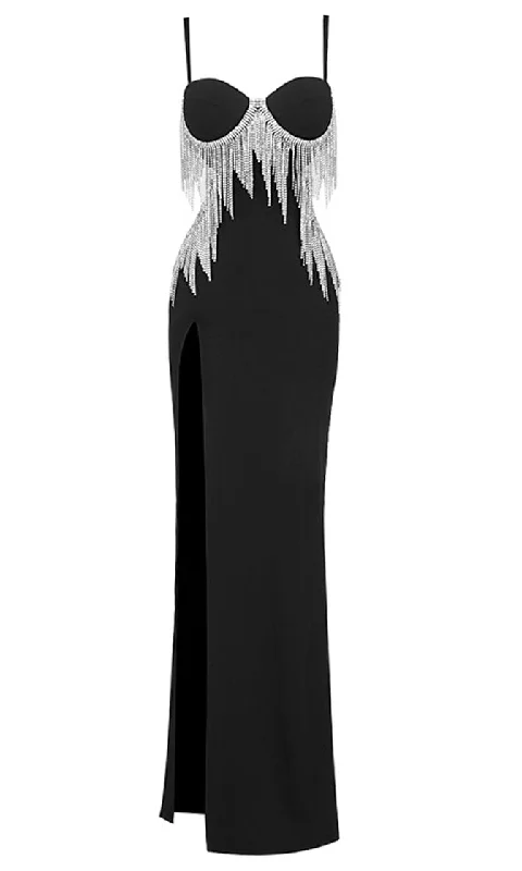 Shining Spotlight <br><span>Black Sleeveless Spaghetti Strap Bustier Cut Out Sides Open Back Rhinestone Fringe Bodycon Bandage High Slit Maxi Dress</span> Elegant Maxi Dress with Lace