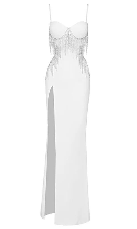 Shining Spotlight <br><span>White Sleeveless Spaghetti Strap Bustier Cut Out Sides Open Back Rhinestone Fringe Bodycon Bandage High Slit Maxi Dress</span> Fashionable Printed Maxi Dress