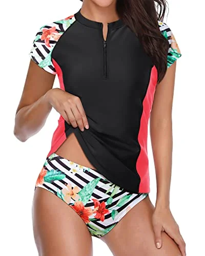 Short Sleeve Zipper Swimsuit Women's Two Piece Cap Sleeve Rash Guard Bathing Suit Elegant Ruffled Bikini