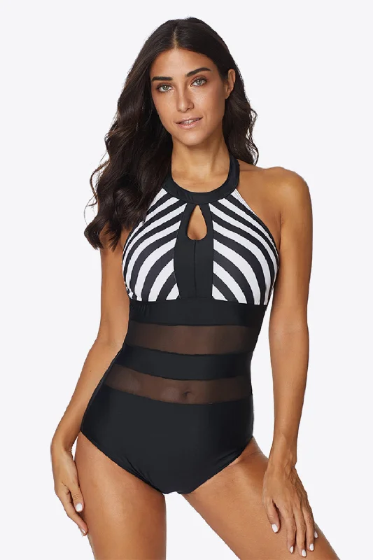 Striped Cutout Spliced Mesh Halter Neck One-Piece Swimsuit Fun Pattern Swimsuit