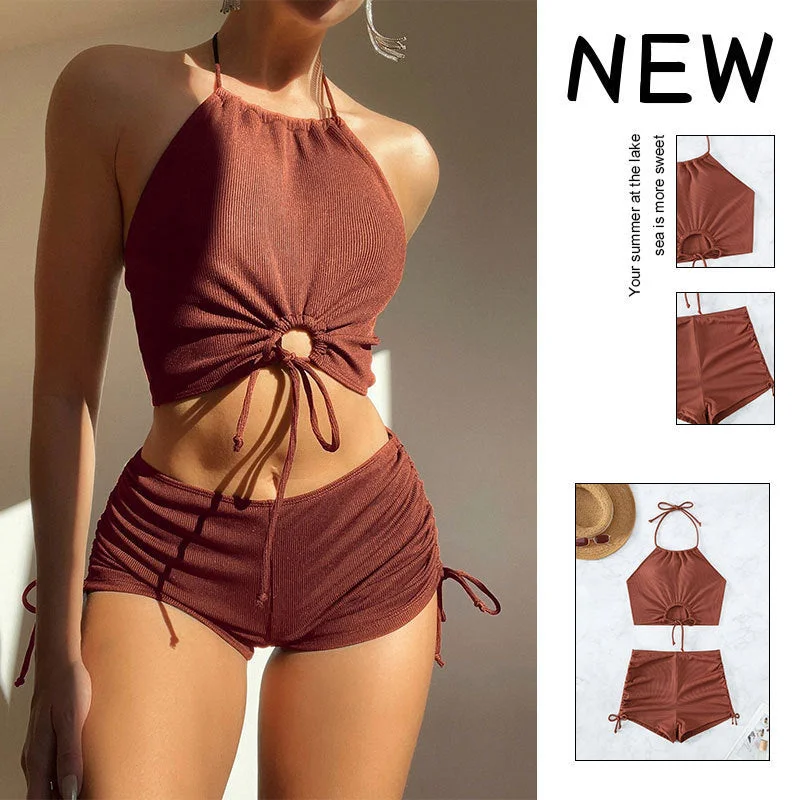 Summer Halter Neck Bikini Suit Fashion Drawstring Design Ins Style Swimsuit For Womens Clothing Vibrant Bikini Bottoms