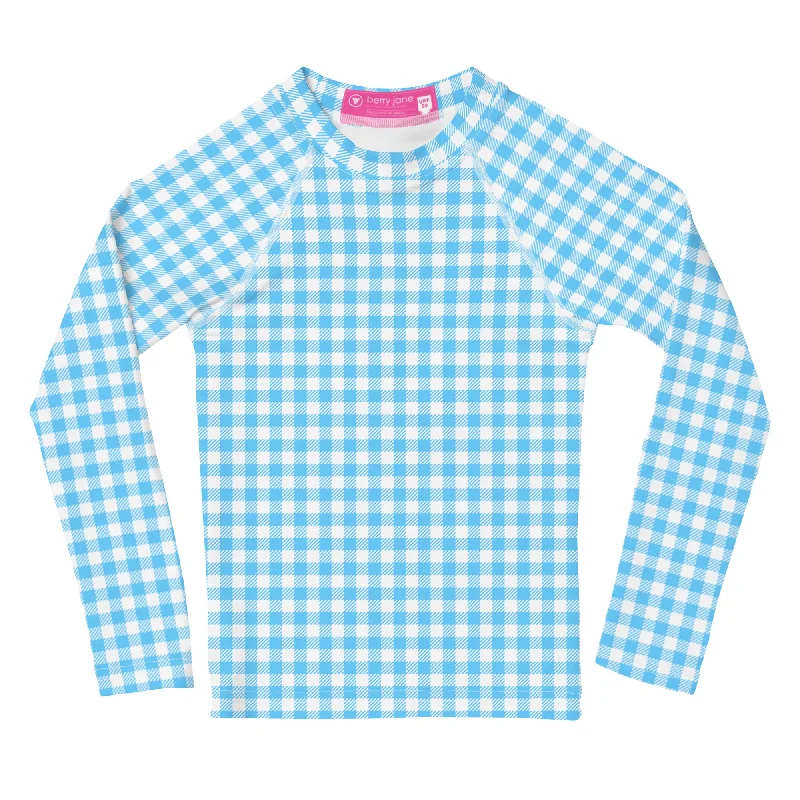 Toddler Baby Gender Neutral Swim Shirt, UPF 50 Sun Rash Guard - Blue Gingham Classic Monokini Design