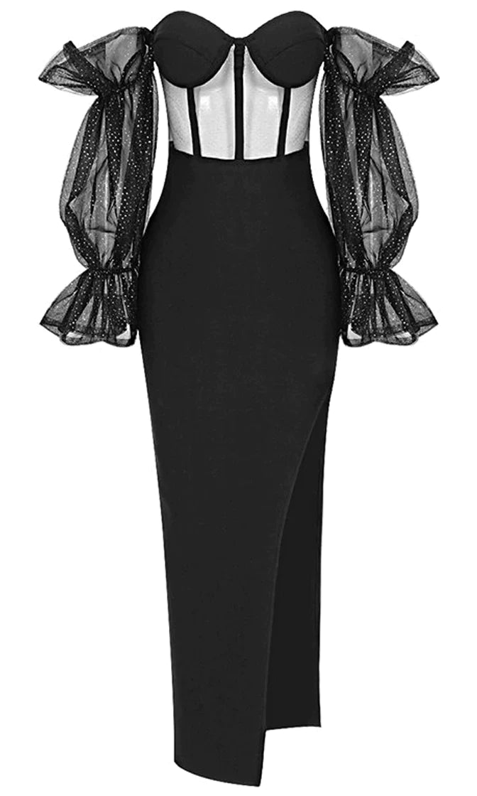 Touch Of Fantasy <br><span>Black Sheer Mesh Bandage Long Puff Sleeve Off The Shoulder Bustier Cut Out Side Slit Bodycon Maxi Dress</span> Comfortable Plunging Neckline Maxi Dress