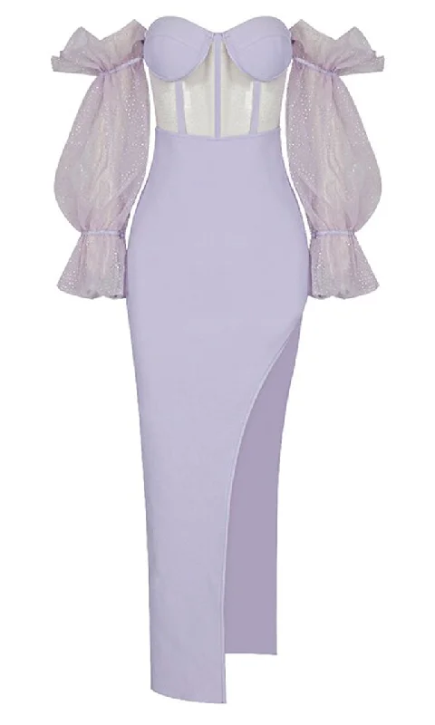 Touch Of Fantasy <br><span>Lavender Sheer Mesh Bandage Long Puff Sleeve Off The Shoulder Bustier Cut Out Side Slit Bodycon Maxi Dress</span> Classic V-Neck Maxi Dress