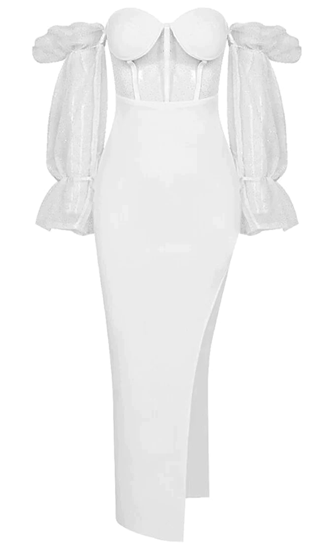 Touch Of Fantasy White Sheer Mesh Bandage Long Puff Sleeve Off The Shoulder Bustier Cut Out Side Slit Bodycon Maxi Dress Elegant Maxi Dress with Belt