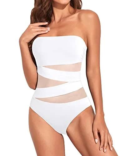 Ruched Women One Piece Bathing Suits Strapless Bandeau Swimwear-White Sporty Racerback Swimsuit