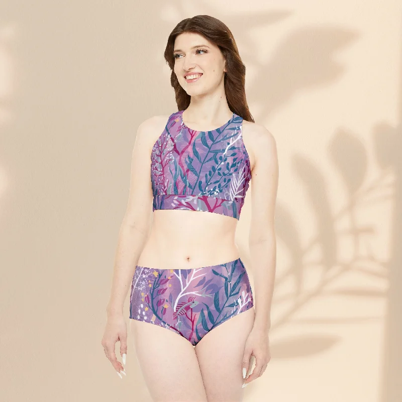 Two-piece Swimsuit - Purple Seaweed Color-Block Bikini