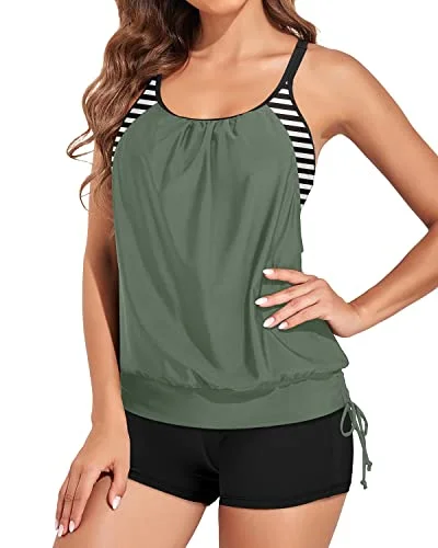 Push Up Women's Tummy Control Swimsuits With Sporty Boyshorts-Army Green Fun Pattern Swimsuit